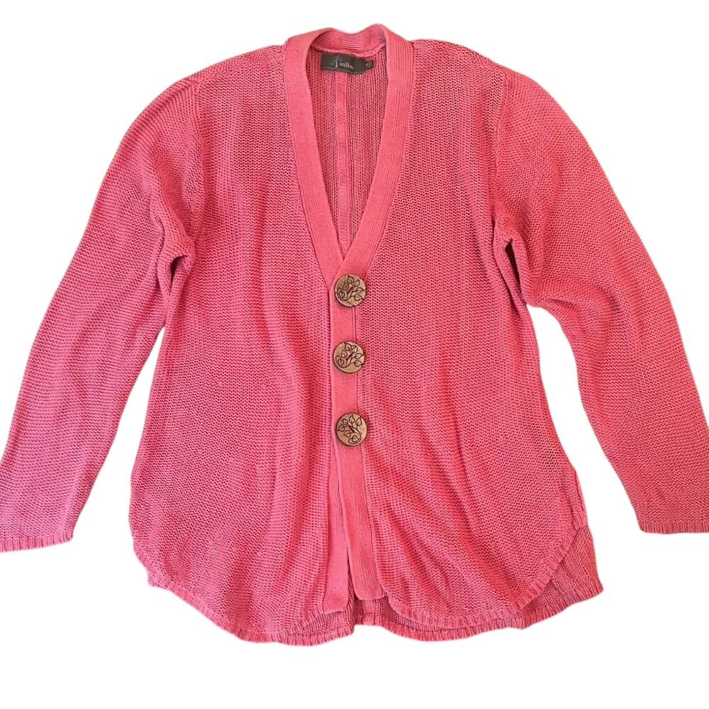 Pink Linen Blend Open Knit Cardigan Sweater Womens XL Art To Wear Relaxed Spring